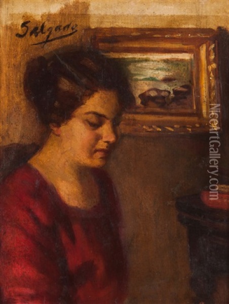 Interior Scene With Lady Oil Painting - Jose Velloso Salgado