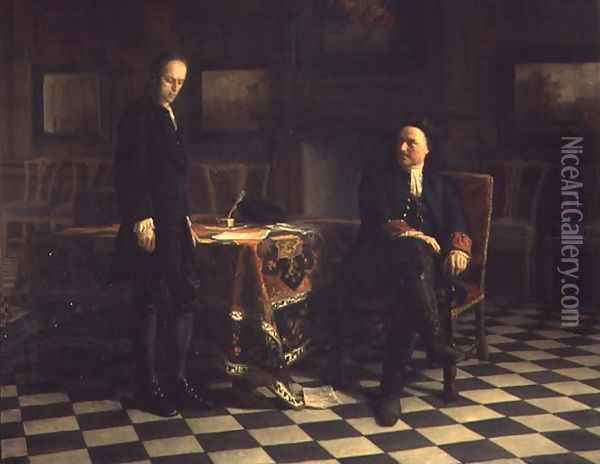 Peter I interrogating Tsetarevitch Aleksei Petrovich in Petershof, 1871 Oil Painting - Anonymous Artist