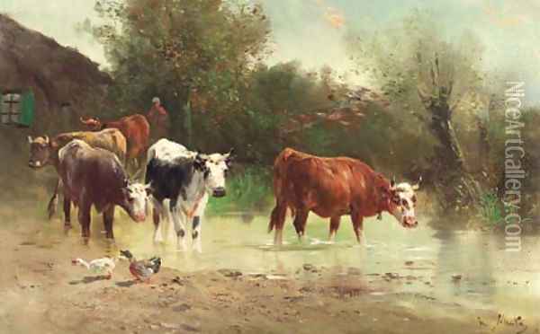 Watering cows Oil Painting - Henri Schouten