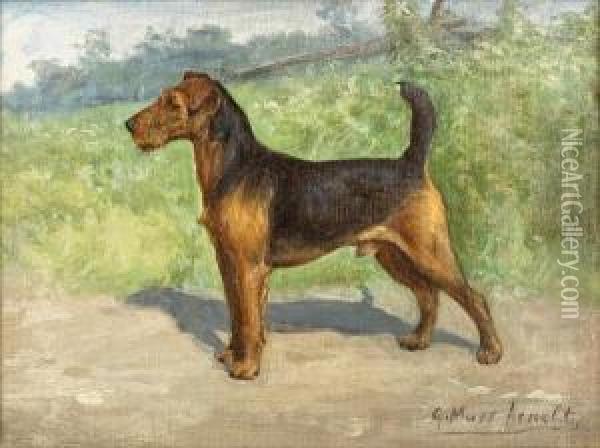 A Welsh Terrier In A Landscape Oil Painting - Gustav Muss-Arnolt