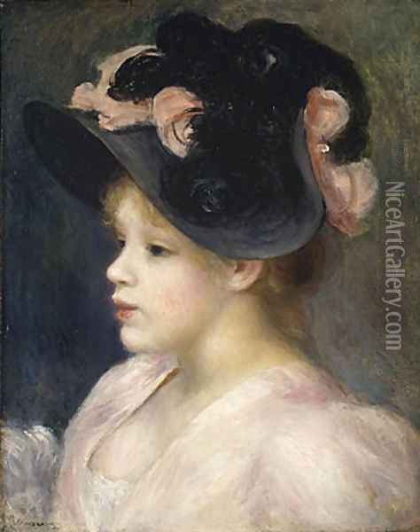 Young Girl in a Pink and Black Hat 1890s Oil Painting - Pierre Auguste Renoir