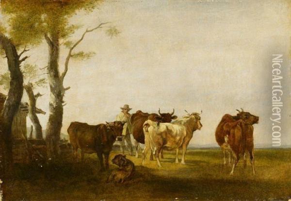 Cowherd With His Cattle Oil Painting - Max Joseph Wagenbauer