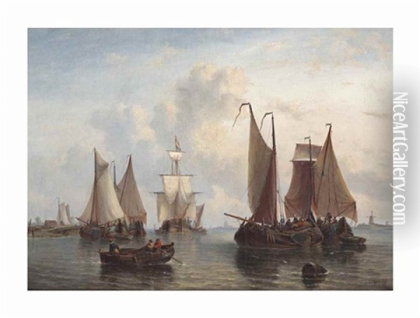 A Busy Day On The Estuary Oil Painting - George Willem Opdenhoff