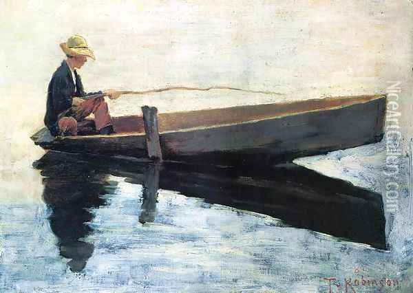 Boy in a Boat Fishing 1880 Oil Painting - Sanford Robinson Gifford