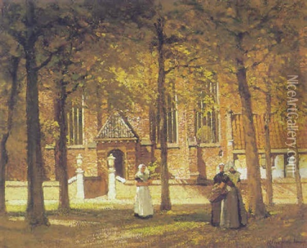 Women In Front Of A Church, Zeeland Oil Painting - Johannes Christiaan Karel Klinkenberg