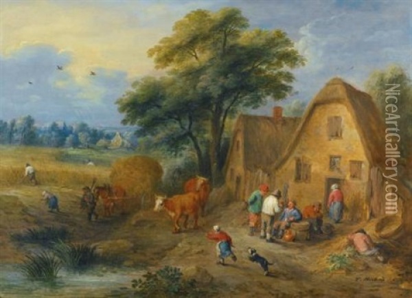 A Northern Landscape With Villagers Conversing And Harvesters Returning From The Fields, With A Farmer And A Dog Herding Two Cows Oil Painting - Theobald Michau