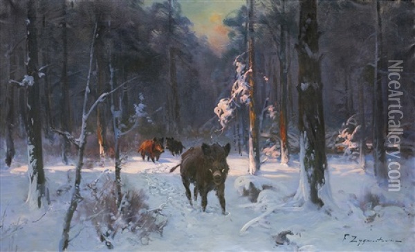 Boars In Winter Forest Oil Painting - Jan (Czeslaw) Wasilewski