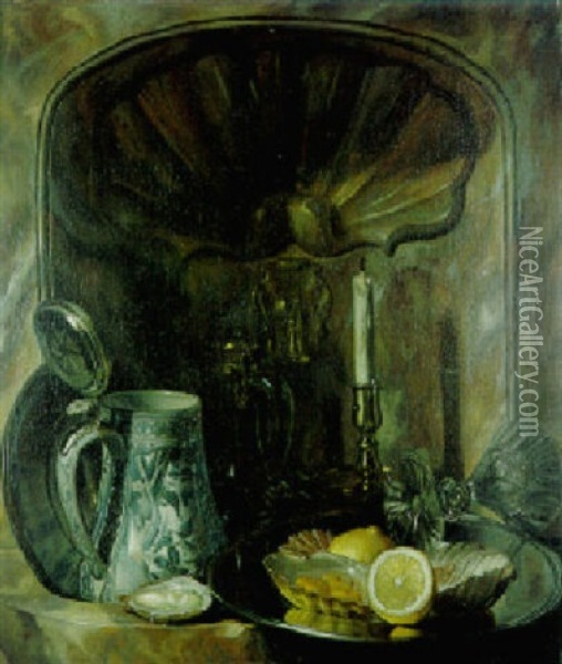 Flagon, Candlestick, Glass, & Lemon And Oysters On A Pewter Plate In A Wall Fountain Oil Painting - Matthys Naiveu