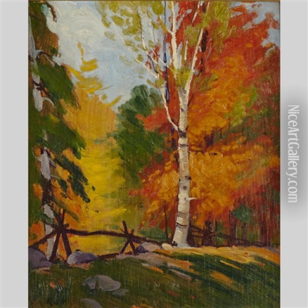 Autumn Landscape With Split Rail Fence Oil Painting - George Arthur Kulmala