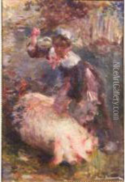Fillette Au Cochon Oil Painting - Etienne Prosper Berne-Bellecour
