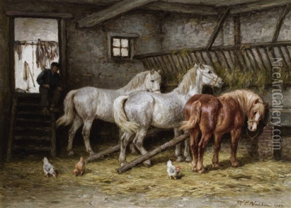 Ponies In A Stable Oil Painting - Willem Carel Nakken