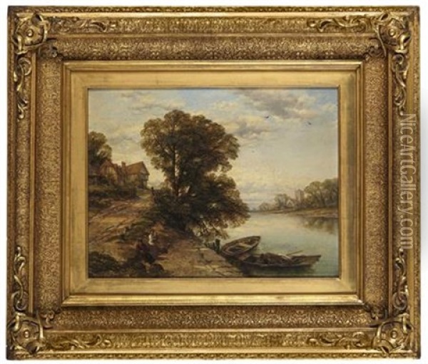 Mending Eelpots; River Landscape With River And Bridge (pair) Oil Painting - Thomas Creswick