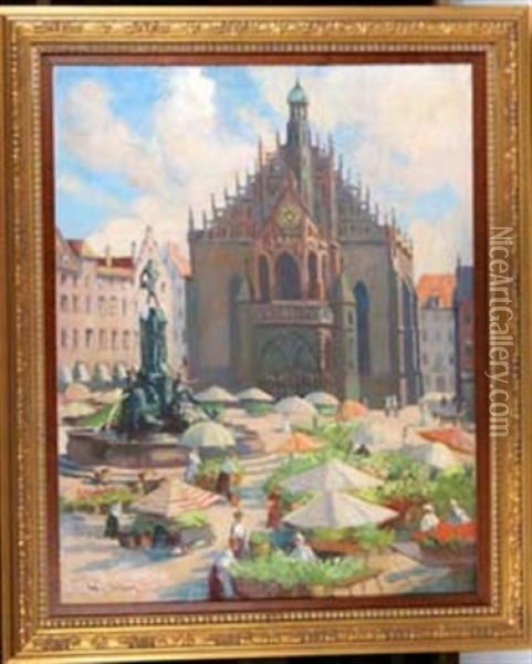 Der Nurnberger Hauptmarkt Mit Dem Neptunbrunnen Und Der Frauenkirche Oil Painting - Robert Emil Stuebner
