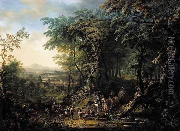 Travellers on a Forest Road Oil Painting - Frans Christoph Janneck