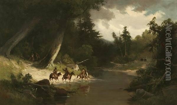 Riverscape With Three Mounted Indians Oil Painting - Frederick Ferdinand Schafer