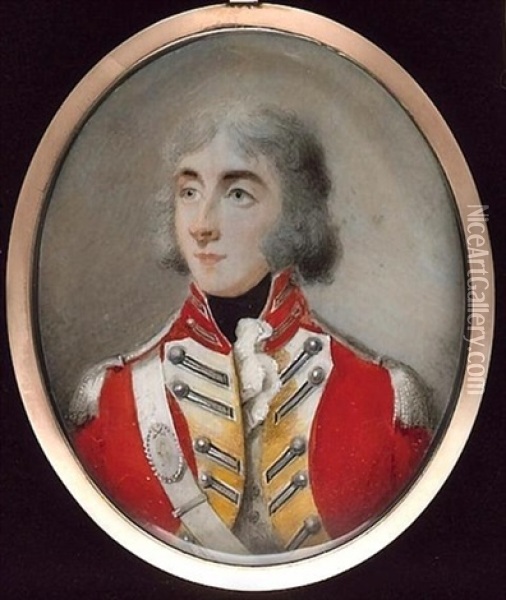 An Officer Called Captain William Cambridge Of The Aryshire Fencible Cavalry, Wearing Scarlet Uniform With Yellow Facings, Silver Epaulettes And White Cross Belt Oil Painting - Joseph Daniel