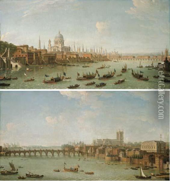 View Of The City Of London From 
The Thames With St. Pauls Cathedral And Old London Bridge Oil Painting - Antonio Joli