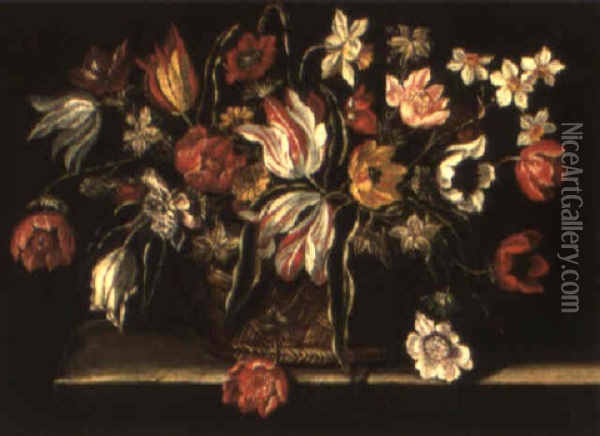 Still Life Of Tulips And Other Flowers In A Basket On A Stone Ledge Oil Painting - Antonio Ponce