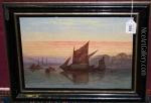 Barges At Sunset With Shippingbeyond Oil Painting - William A. Thornley Or Thornber