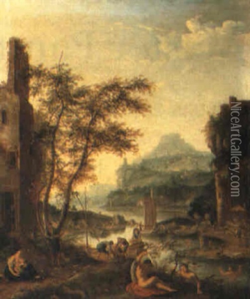 River Landscape With Bathers And Men Unloading Boats Oil Painting - Jan Griffier the Elder