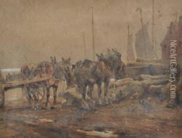 Horsedrawn Cart And Figure On A Beach Oil Painting - Edward Walter Webb