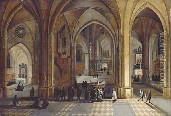 The interior of a Gothic cathedral with a procession Oil Painting - Peeter, the Younger Neeffs