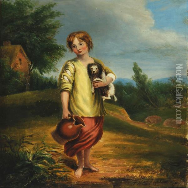 Landscape With A Boy And A Dog Oil Painting - Henry Harris