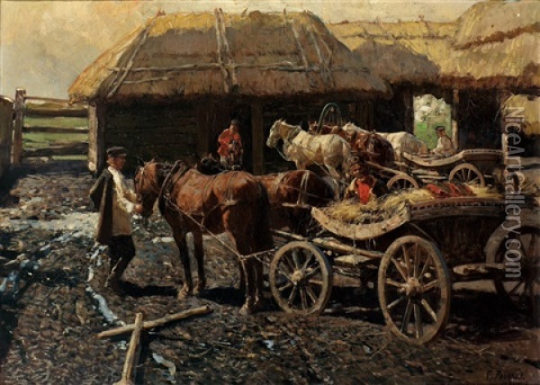 Poststation Im Kaukasus Oil Painting - Franz Roubaud