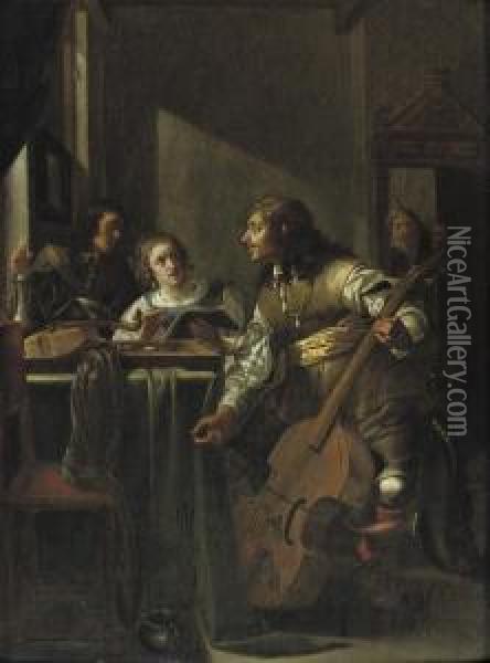 An Elegant Company Making Music In An Interior Oil Painting - Jacob Duck