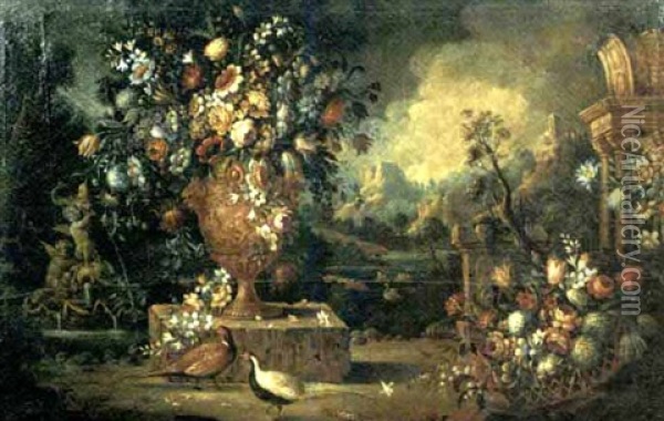 Fiori In Un Vaso, Fiori In Una Cesta E Due Fagiani In Un Giardino Oil Painting - Vittorio Amedeo Rapous