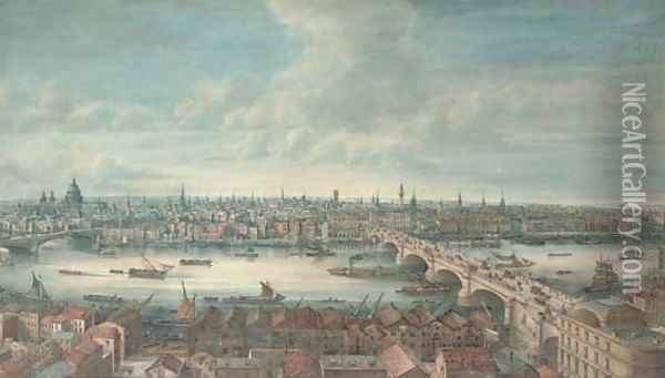 View of the River Thames with Blackfriars Bridge, St Paul's, London Bridge and the Monument Oil Painting - Gideon Yates