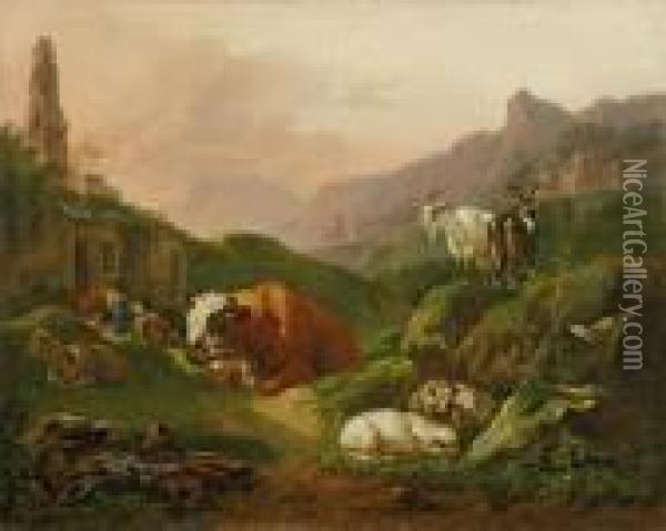 Sudliche Landschaft Mitviehherde Und Schlafendem Hirten Oil Painting - Johan Heinrich Roos
