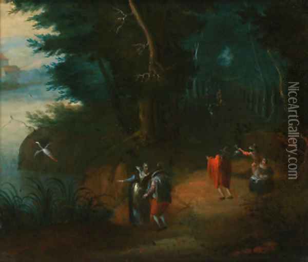 A wooded river landscape with elegant figures on a path Oil Painting - Abraham Goaverts