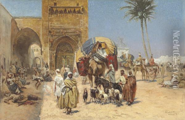 A Caravan Outside Of A Mosque Oil Painting - Ferencz, Franz Eisenhut