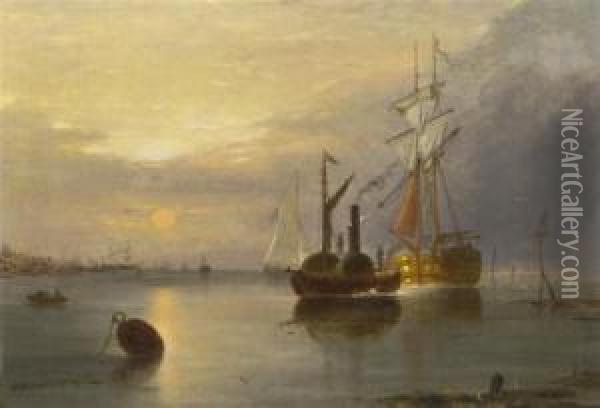Ships In The Harbor Oil Painting - Alfred Stannard