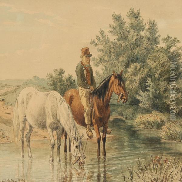 Watering The Horses Oil Painting - Andreas Peter Madsen