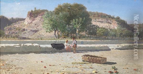 A Summer Day In The Italian Campagna With Twofigures Resting By The Roadside Oil Painting - Giuseppe Laezza