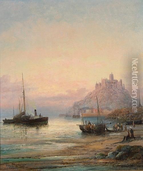 Vessels In The Shallows Before St Michael's Mount Oil Painting - William A. Thornley Or Thornber