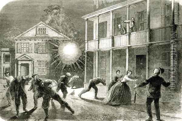 The Federals shelling the City of Charleston Shell bursting in the streets in 1863 Oil Painting - Frank Vizetelly