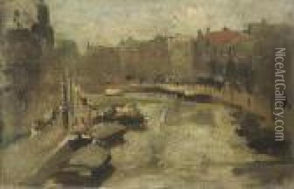 Stadsgezicht Amsterdam: A Canal In Summer, Amsterdam Oil Painting - Floris Arntzenius