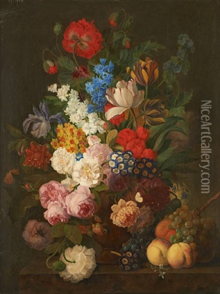 Composition Florale Avec Fruits Sur Entablement Oil Painting - Jan Frans Van Dael