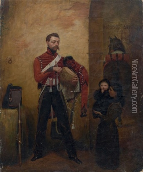 Scene De Genre Representant Un Hussard Donnant Du Pain A Une Jeune Femme Portant Son Enfant Oil Painting - Auguste Estienne