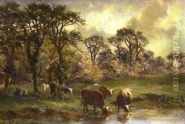Cattle Watering Oil Painting - Alfred Grey