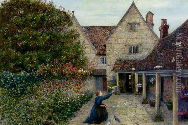 Feeding The Doves At Kelmscott Manor, Oxfordshire Oil Painting - Maria Euphrosyne Spartali, later Stillman