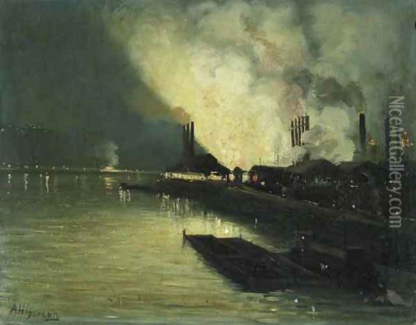 Factories at Night Oil Painting - Aaron Harry Gorson