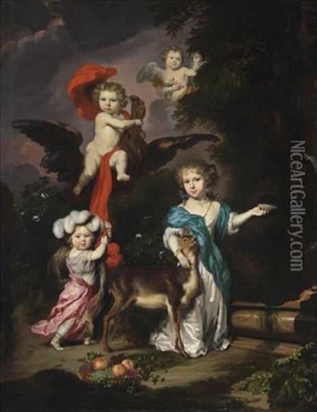 A Pastoral Family Portrait Of Four Children, Personifying Mythological Figures Including Ganymede And Diana With A Deer, All In A Landscape Setting Oil Painting - Nicolaes Maes