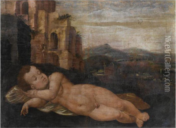 Sleeping Cupid In A Landscape With Classical Ruins Oil Painting - Jan Van Scorel