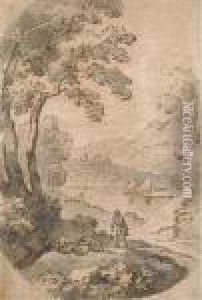 Un Paysage De Lac Avec Des Figures Pres D'un Chemin Oil Painting - Pieter van Bloemen