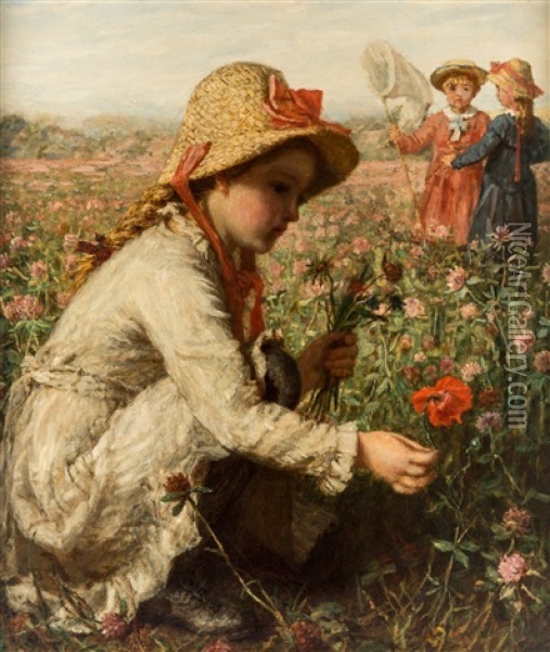 Children Gathering Flowers Oil Painting - Carl Wilhelm Friedrich Bauerle