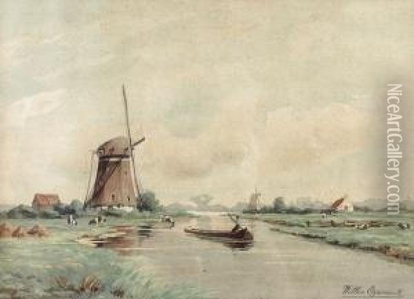 Windmill On A River Oil Painting - Willem Johannes Oppenoorth
